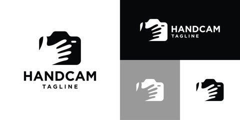 Vector design template of camera logo combination with hand. Snapshot, photo, grip. Icon symbol EPS 10.