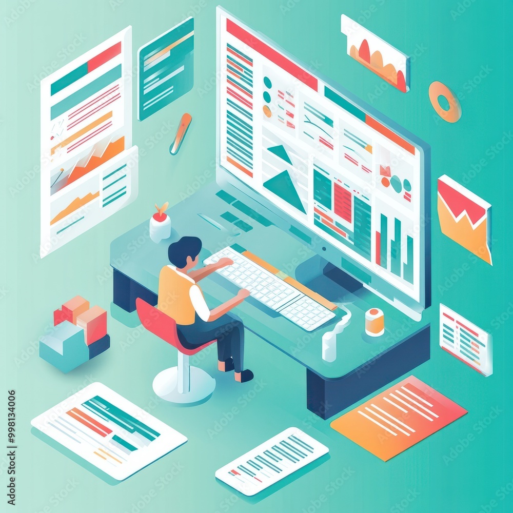 Poster isometric illustration of a person analyzing data on a computer with graphs, charts, and documents, 