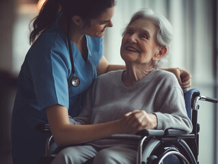 A nurse helping a senior person in a wheelchair. Generative AI