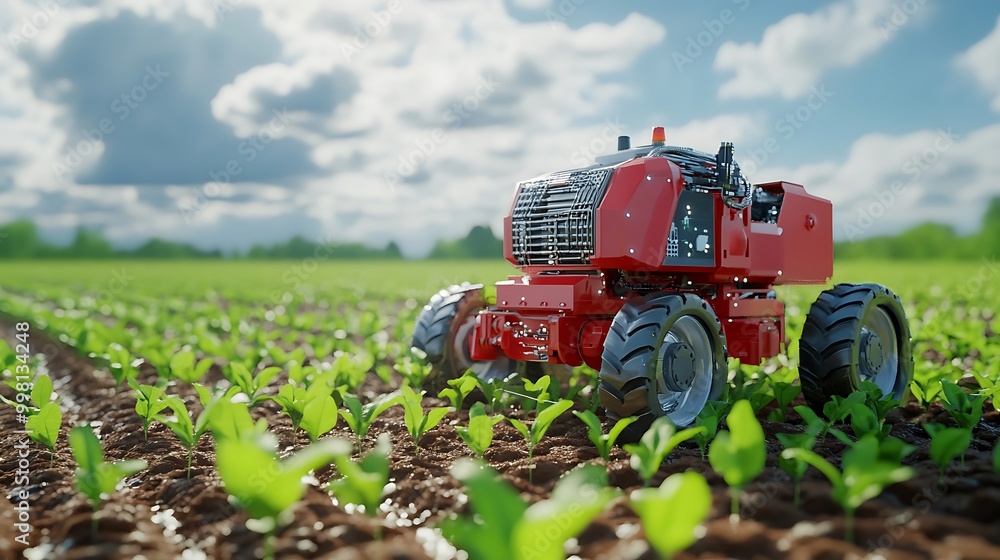 Poster a close-up of a high-tech agriculture system utilizing robotics for efficiency