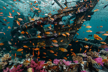 Underwater view of an old sunken ship on seabed with fish swimming