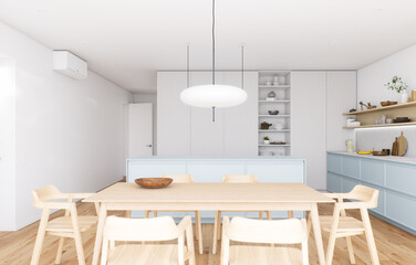 The modern minimalist dining room is decorated in soft, gentle colors for a truly calm atmosphere