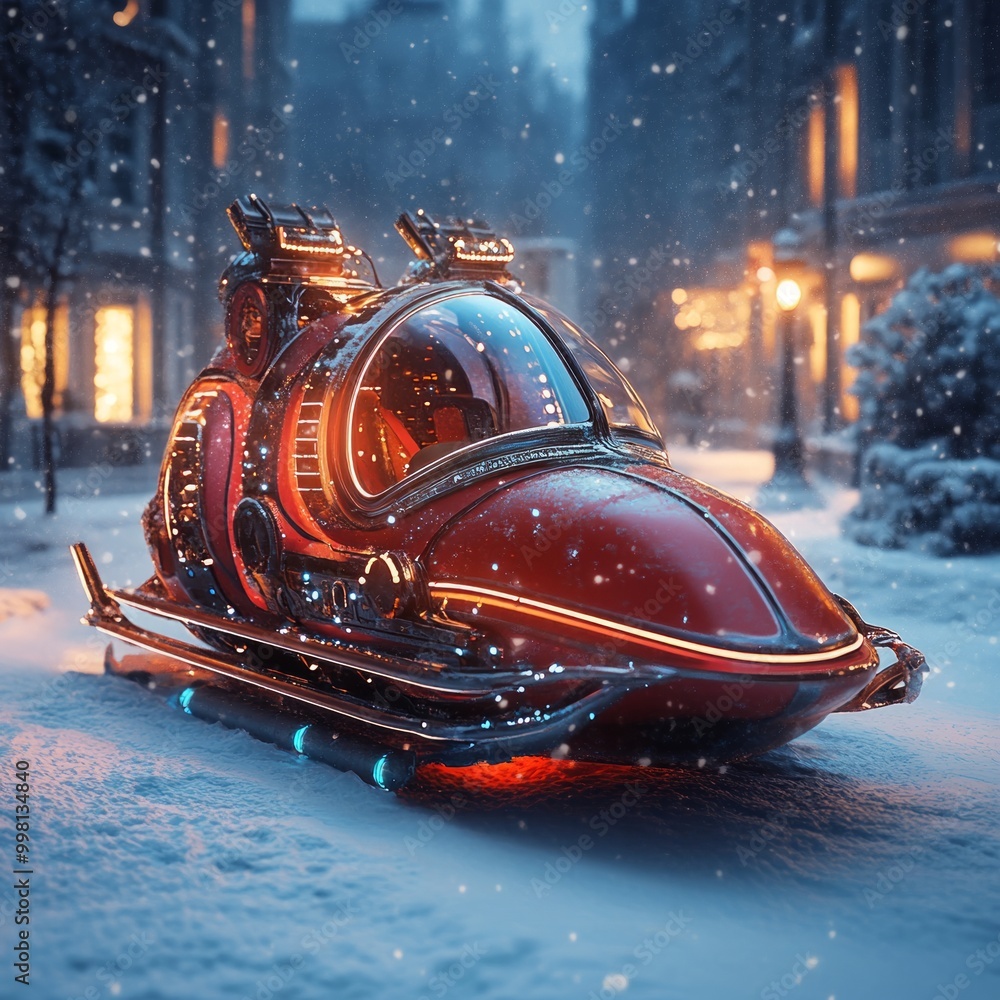 Poster Futuristic red sleigh parked in a snowy city street at night.