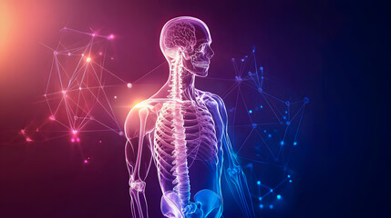 An artistic x-ray of a human skeleton with glowing bones on a dark background, featuring abstract geometric shapes for visual appeal.