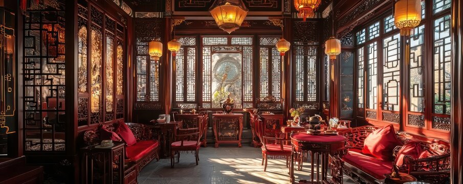 A traditional Chinese tearoom with red lacquer furniture, silk lanterns, and intricate wood carvings