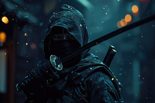 Japanese ninja warrior dressed in samurai clothes holding a sharp sword