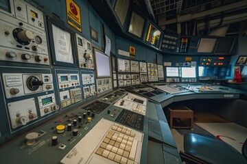 Control room of a nuclear power plant showing analog technology with many buttons, dials and screens