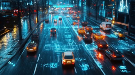 Smart transport technology concept for future car traffic on road . Virtual intelligent system makes digital information analysis to connect data of vehicle on city street