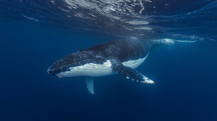 Underwater shot of a humpback whale swimming in the deep blue ocean, showcasing its dark gray body with white patches and barnacle-encrusted skin in a serene and majestic scene