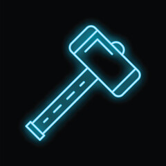Neon blue sledgehammer icon glowing on black background, representing construction and diy