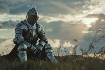A fantastic royal knight in armor guards the castle chambers