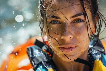 Happy people spending summer time kayaking fishing boating hobby water sports, Generative AI photo