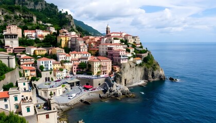 A stunning coastal landscape featuring the picturesque town of Atrani, nestled along the rugged cliffs of the famous Amalfi Coast in Italy, generative ai