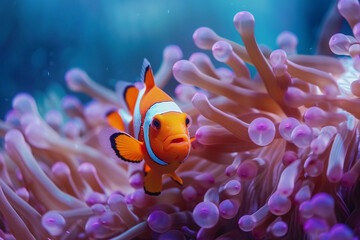A fantastically beautiful bright clownfish swims in sea among the corals