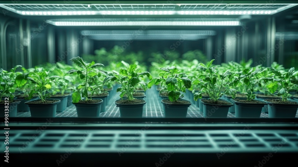 Sticker Rows of young plants growing under grow lights in a controlled environment, in a laboratory or greenhouse.