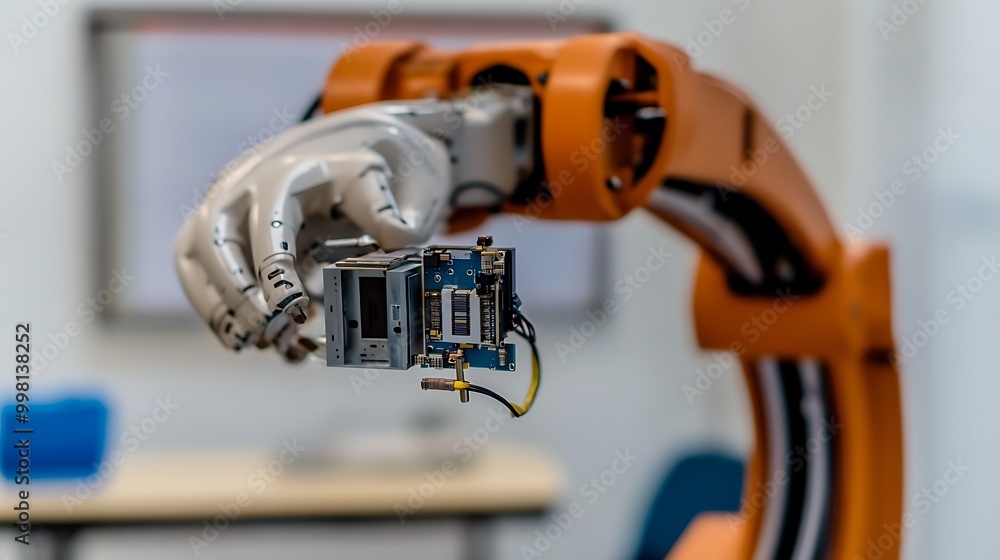 Poster a close-up of a robotic arm assembling products in a high-tech factory