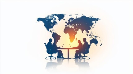 Group of people negotiating around a table with a world map in the background, global negotiation, international business deal