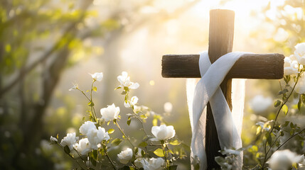 Spiritual ambiance with a rustic cross, white roses, and golden sunlight.
