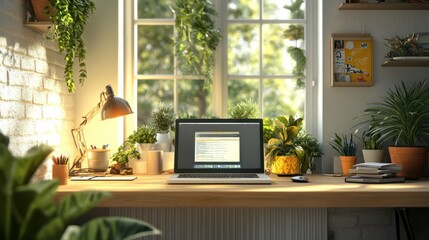 A cozy home office setup by a window, drenched in natural light, where a person is deeply focused on their laptop, surrounded by indoor plants and personal touches that inspire creativity.