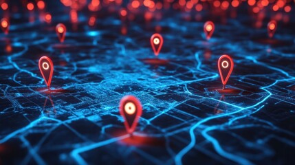 A digital map featuring interconnected location pins, symbolizing global network connectivity and geographic information technology. Concept of global connections and geolocation maps for business.
