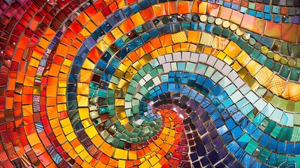 A contemporary mosaic design with large and small circular tiles in an array of vibrant colors, creating a sense of movement and rhythm in the artwork. 8k UHD, suitable for high-quality printing 