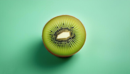 A kiwi cut in half on a mint green background