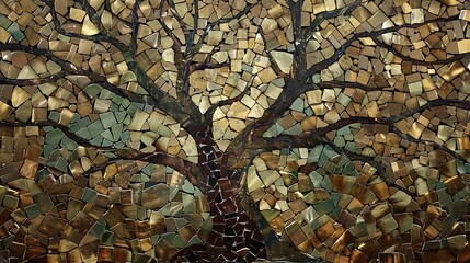 A decorative mosaic art piece of a tree with branches spreading outward, using tiles in earthy tones of brown, green, and gold. 8k UHD, suitable for high-quality printing or digital display. 