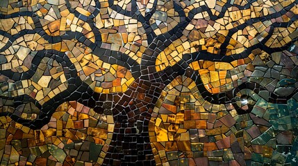 A decorative mosaic art piece of a tree with branches spreading outward, using tiles in earthy tones of brown, green, and gold. 8k UHD, suitable for high-quality printing or digital display. 