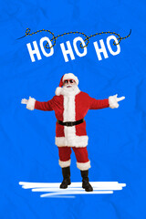 Vertical poster collage mature santa claus postcard greeting winter holiday congratulation hoho hat boots drawing background