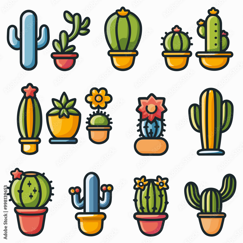 Poster a collection of cacti in various sizes and colors. the cacti are arranged in different pots and vase