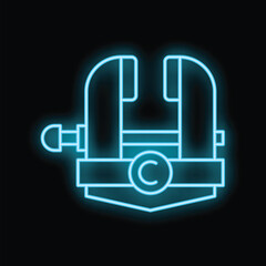 Glowing neon line icon of a life jacket with a copyright symbol on a black background