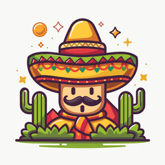 A man wearing a sombrero and mustache is standing in front of a cactus