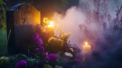 All Souls' Day - A serene gravestone adorned with flowers and candles in mist.