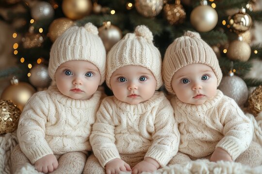 Triplets. Three cute baby triplets in white knitted hats on Christmas tree background.