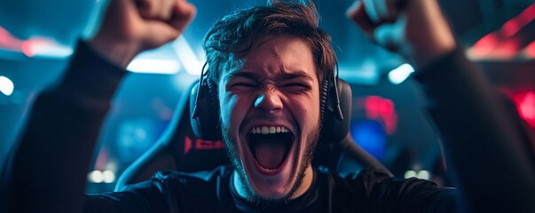 Young man wearing a headset is yelling in excitement while playing video games at home