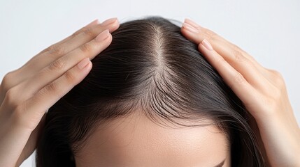 Fototapeta premium Hands touching healthy hair, white isolate background