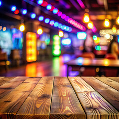 Empty wooden table top with a blurred background of a Christmas market.