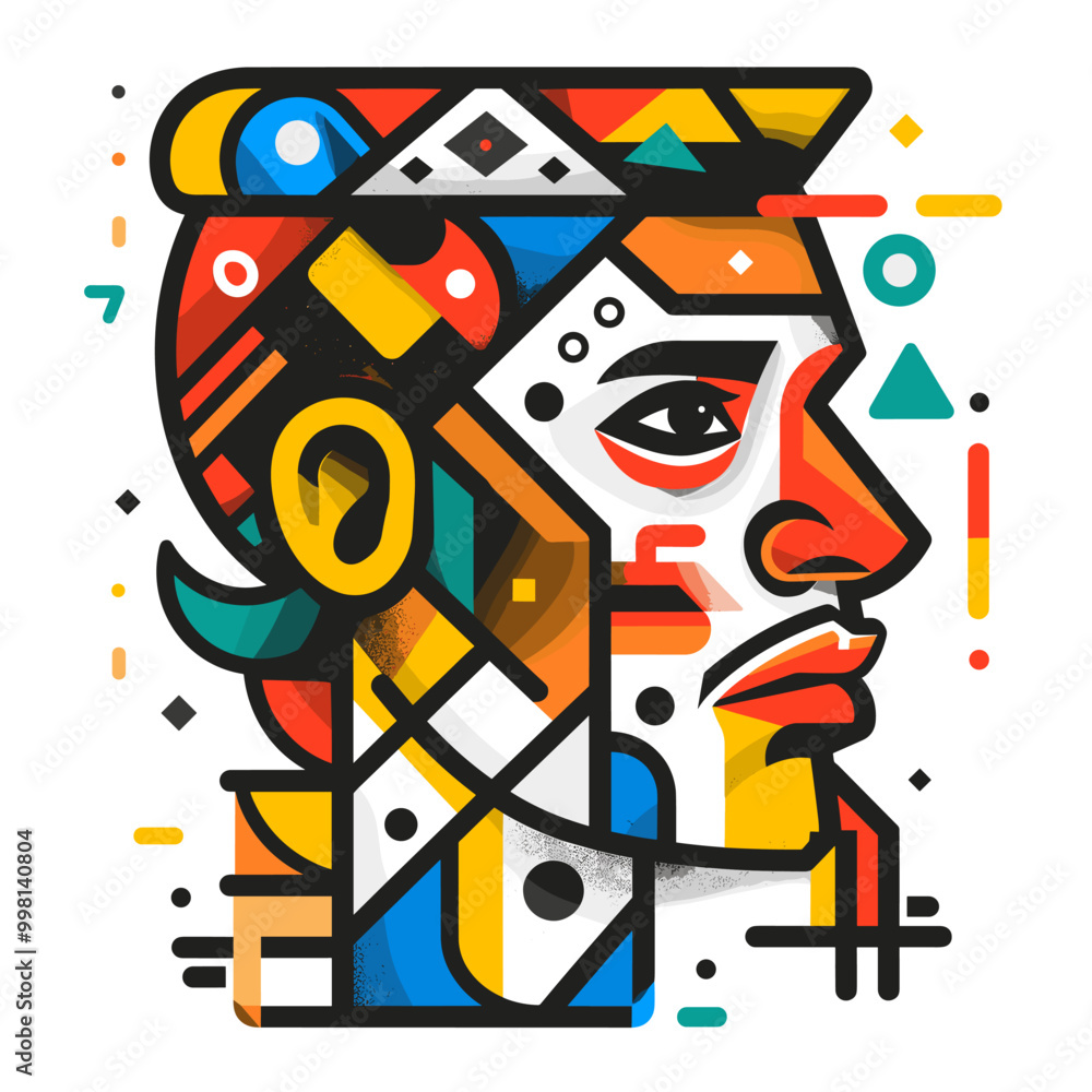 Poster a man with a colorful face is drawn in a style that is both abstract and modern