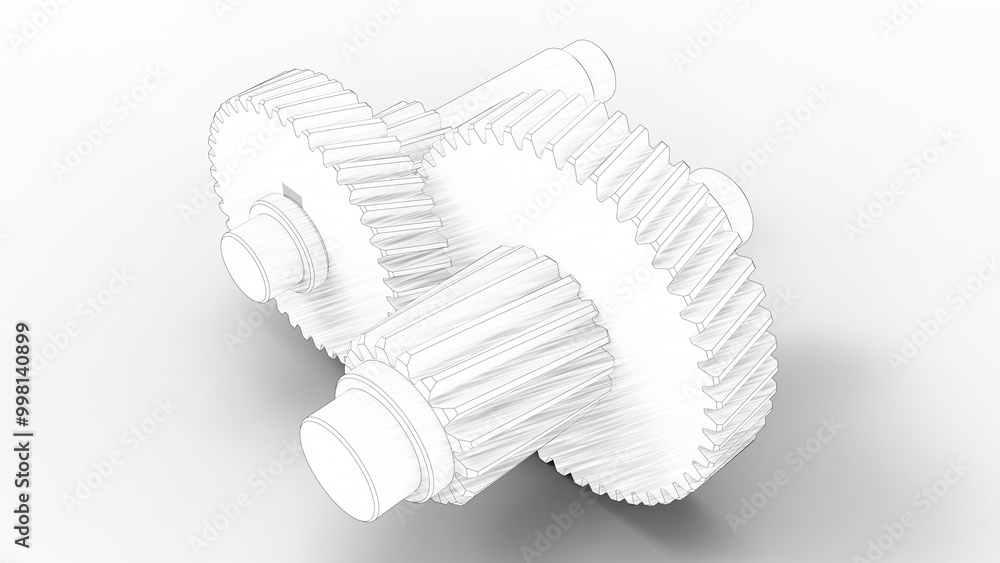 Poster 3d rendering - outlined gearbox assembly