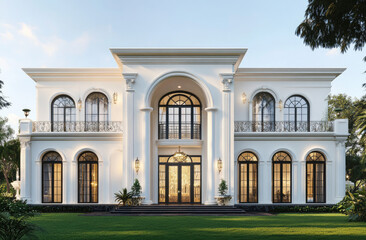 Fototapeta premium 3D rendering of a two-story villa, with white walls featuring simple decorative elements and black windows