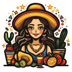 A woman wearing a sombrero and a necklace is sitting in front of a table with fruits and drinks Latino American style