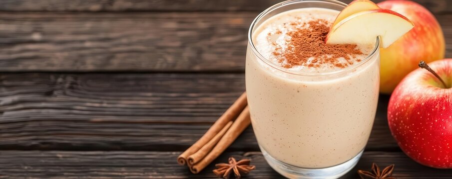Apple cinnamon smoothie in a clear Shot Glass, with cinnamon sticks and apple slices on top, giving a cozy, fallinspired feel, 3D illustration