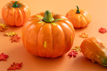Harvest and autumn Halloween, thanksgiving design concept with pumpkin and maple leaf.
