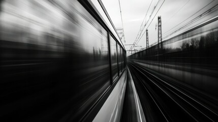 Fototapeta premium Train Window View of Blurry Railroad Tracks and Passing Trees