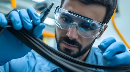 A close up view of a control technician carefully inspecting carbon fiber strands to ensure consistent material structural integrity for industrial manufacturing processes