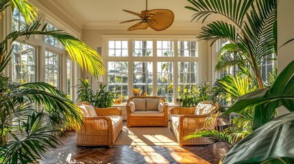 A tropical inspired sunroom with large palm trees, wicker furniture, and a ceiling fan to stir the warm air