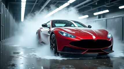 Modern red luxury sport car in a car wash with foam