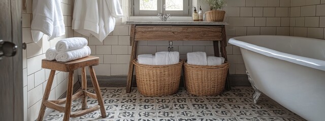 Rustic and Elegant Bathroom in Neutral Tones with Vintage Tiles