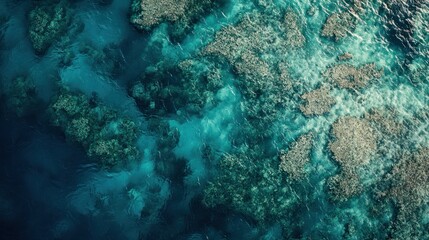 Aerial shot of Maldives coral reef channels, showing intricate patterns of shallow waters meeting the deep sea.