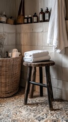 Rustic and Elegant Bathroom in Neutral Tones with Vintage Tiles